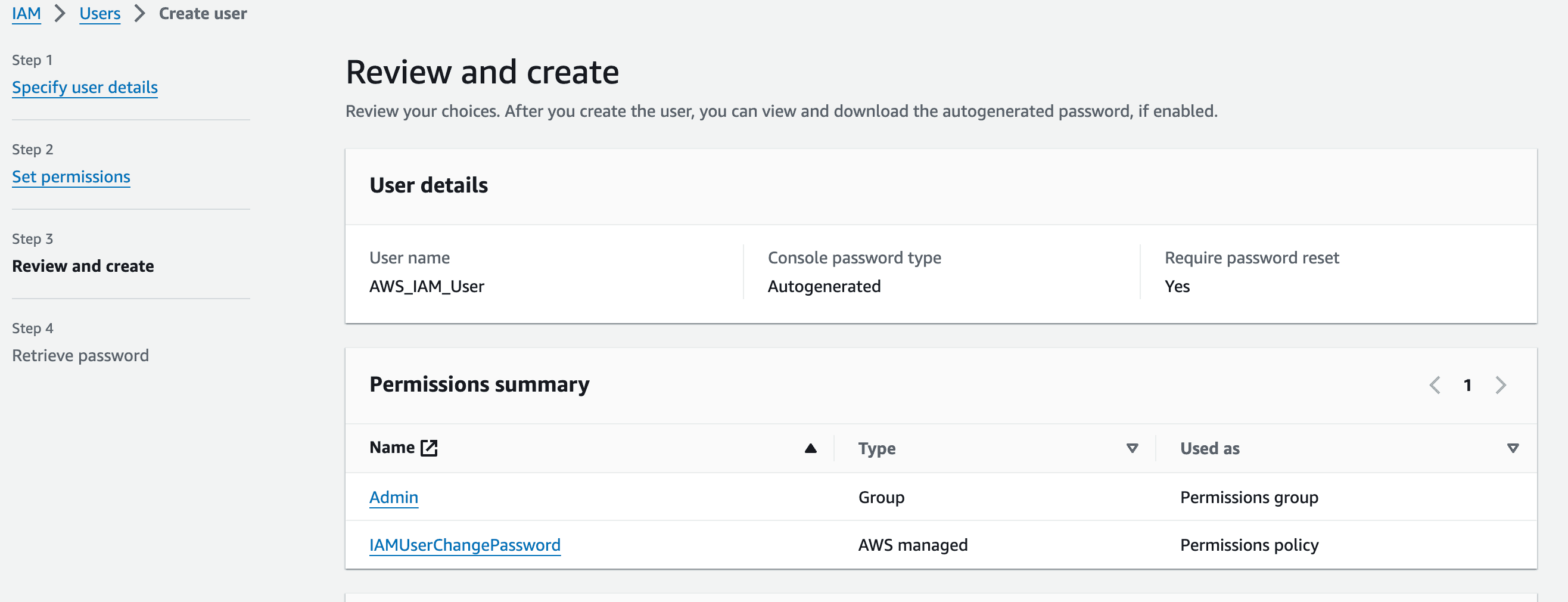 Create an IAM user final review screen