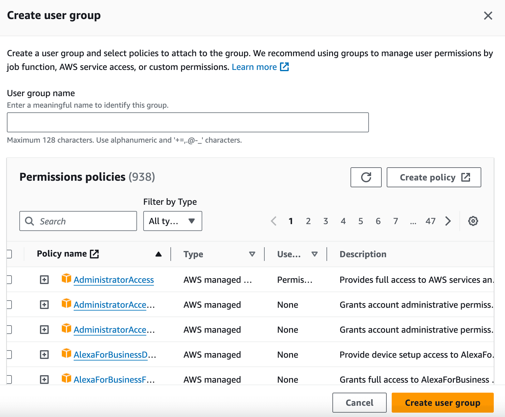 Image of user permission groups in AWS Console