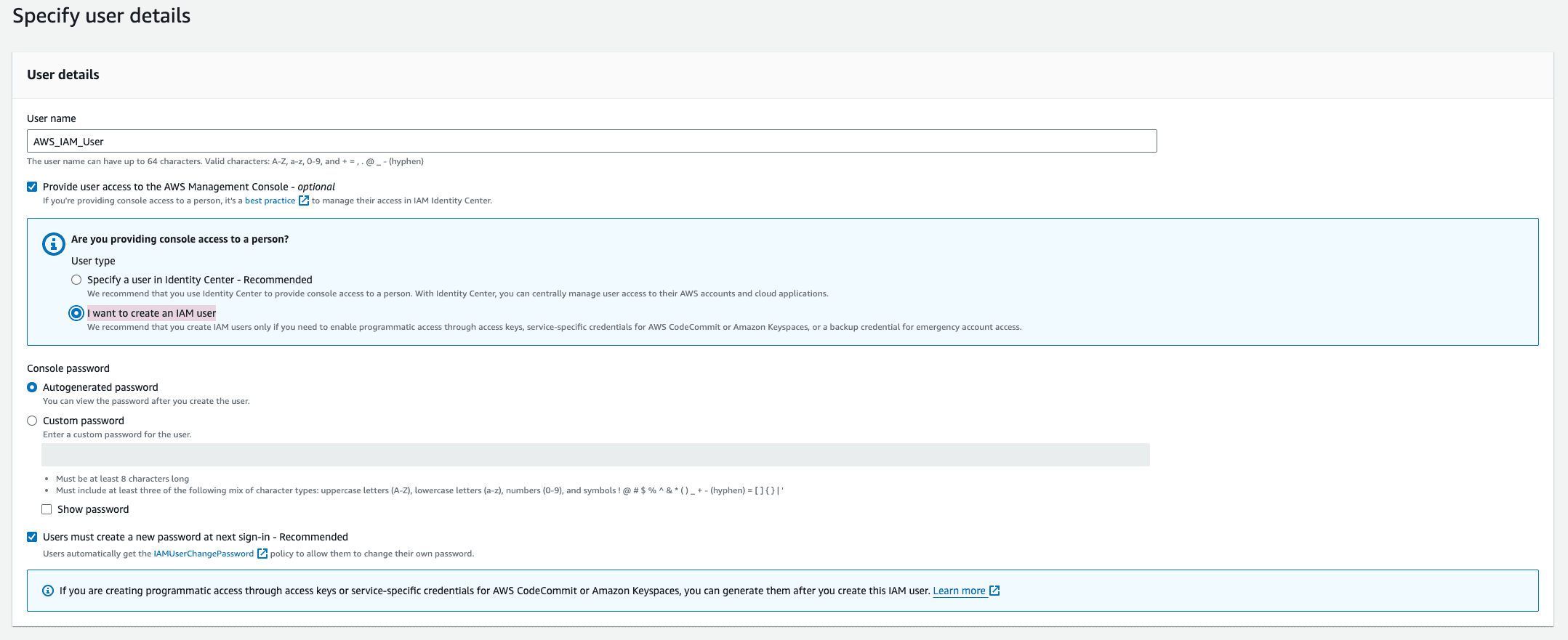 Image of Create IAM user in console